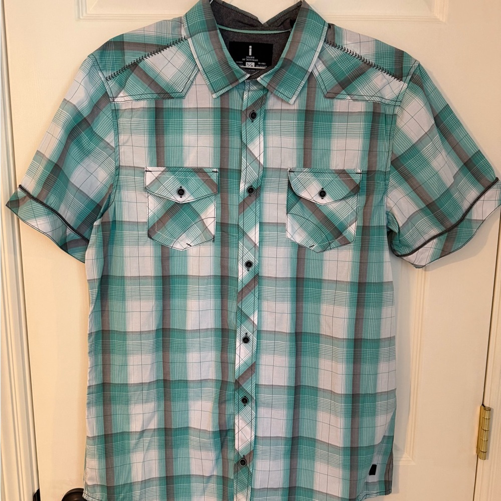 Jeans by Buffalo brand Teal and White Plaid Shirt Large